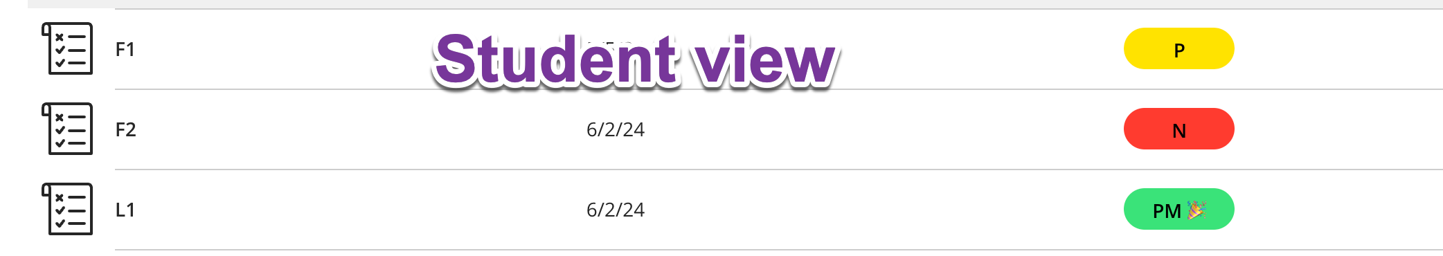 Student view of the gradebook